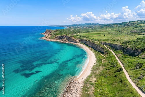 Aerial view of a serene coastal landscape with turquoise waters, sandy beach, and green cliffs
