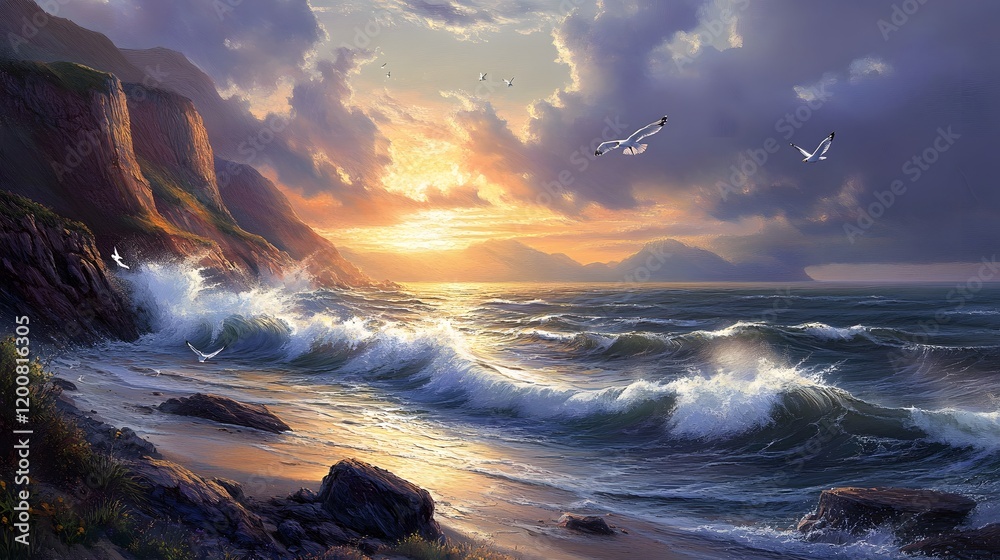 Fototapeta premium Dramatic Coastal Sunset Scene With Birds In Flight