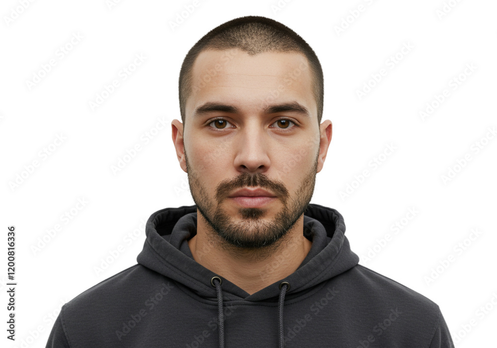 Fototapeta premium Serious Young Man Portrait Dark Hoodie Studio Shot Guy Men Male Face Grey Black Model Style Adult 