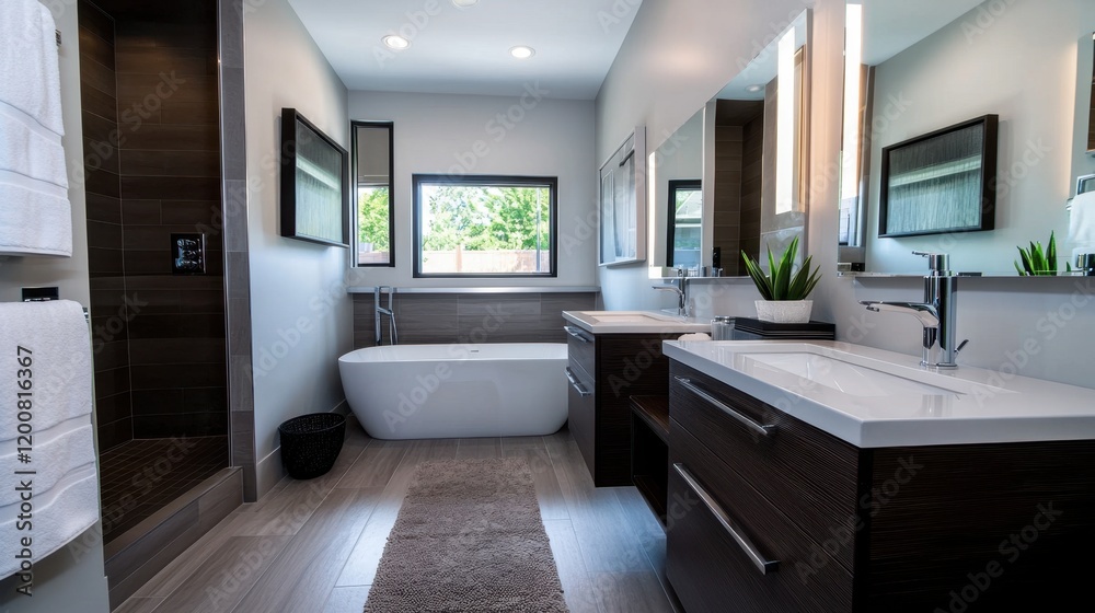 A large bathroom with a white bathtub and two sinks A large bathroom with a white bathtub and two sinks