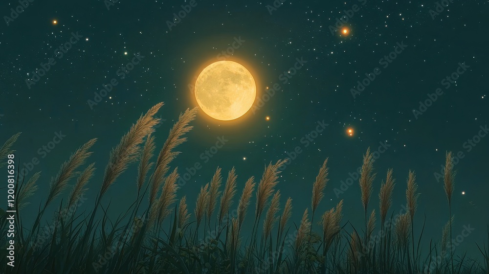 Naklejka premium Full moon and Japanese pampas grass in midnight,The harvest Miscanthus sinensis and full moon,beautiful night sky in the countryside with the perfect moon exudes beauty in the dark.