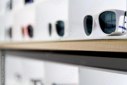 Sunglasses are on the shelf of store