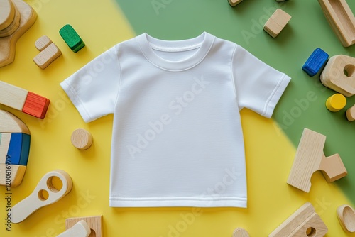 White Kids T Shirt Mock Up with Wooden Toys Design T Shirt Template Print Presentation Mockup