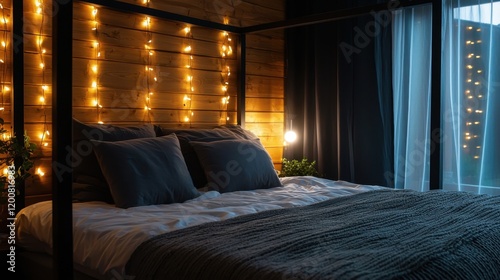 A bed with a wooden headboard and a canopy of lights