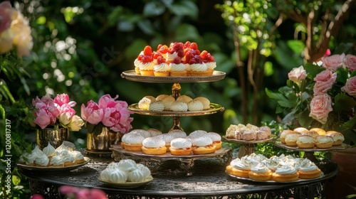 A sophisticated dessert table with a variety of clairs and meringues, in a patio garden setting. photo