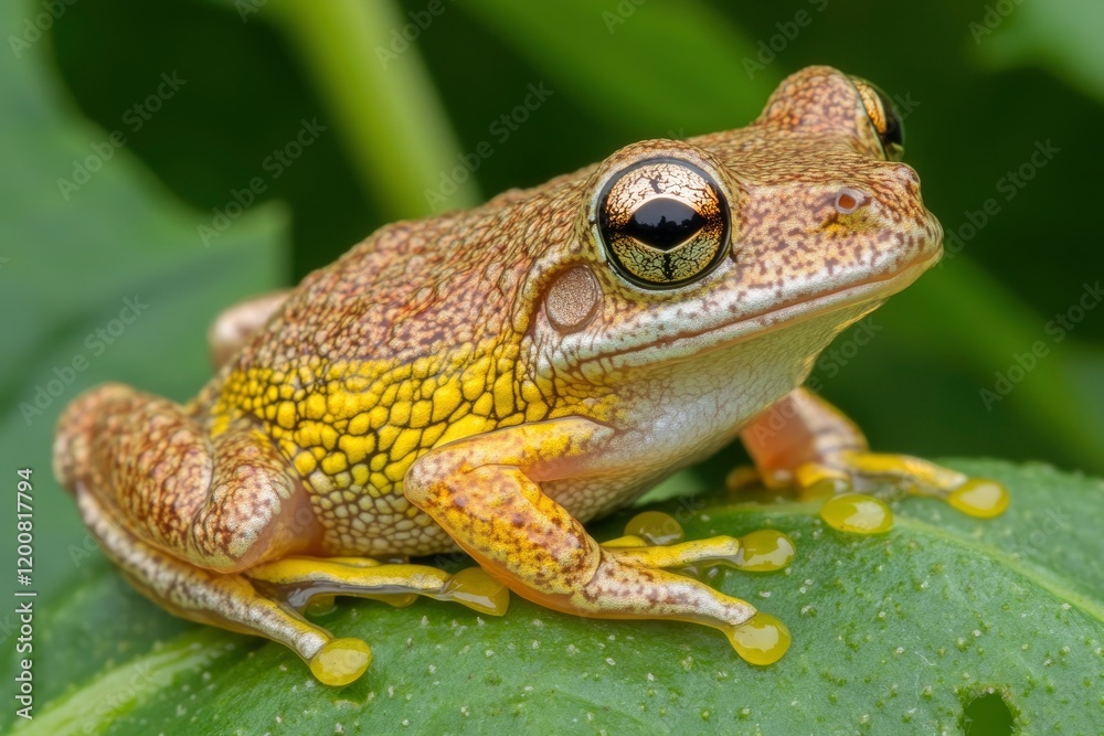 Fototapeta premium Close-up of a vibrant frog perched on a green leaf, showcasing its intricate skin patterns and surroundings