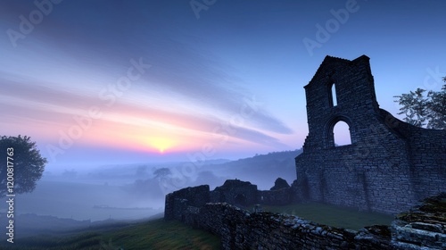 Serene ruins at sunrise, surrounded by mist and rolling hills.