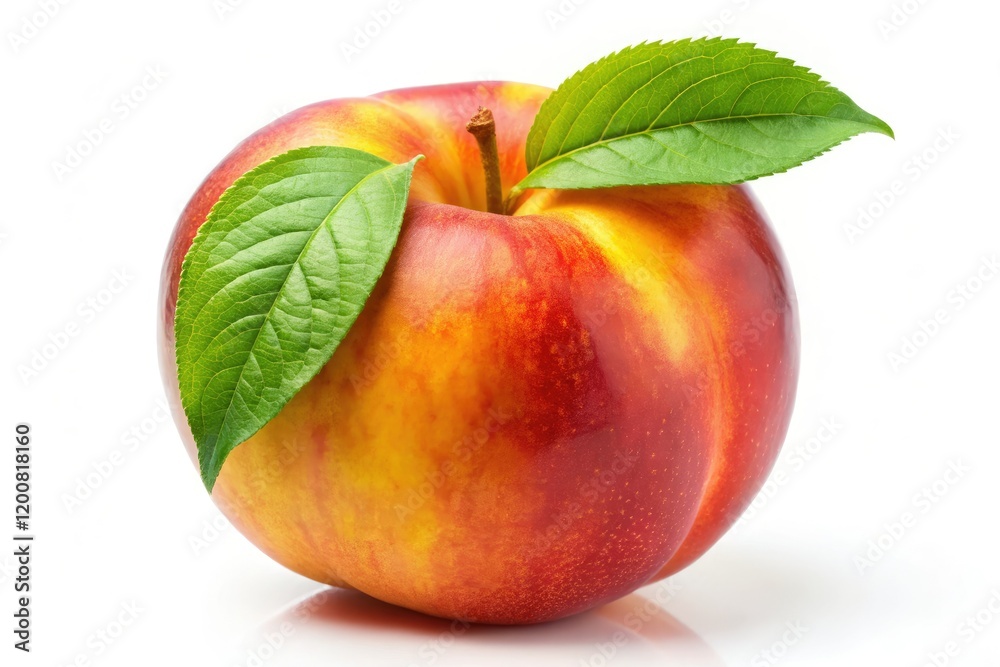 Juicy peach with leaf, isolated on white. High-resolution food photography.