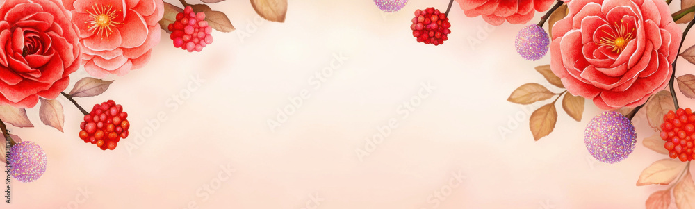 Obraz premium Elegant floral watercolor backdrop with red roses, berries, and soft pastel tones, creating romantic and delicate design