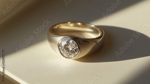 A stylish diamond ring with a bezel setting, photographed in a bright studio with clean, crisp lines for a contemporary feel.