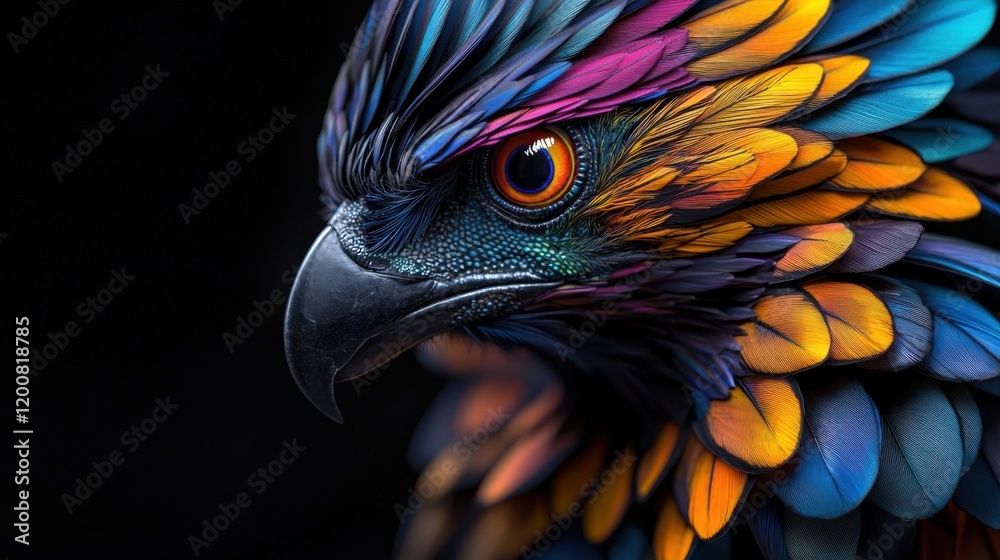 Obraz premium A colorful bird with a black beak and orange eyes