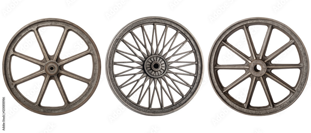 Fototapeta premium Three antique-style wheels isolated with transparent background