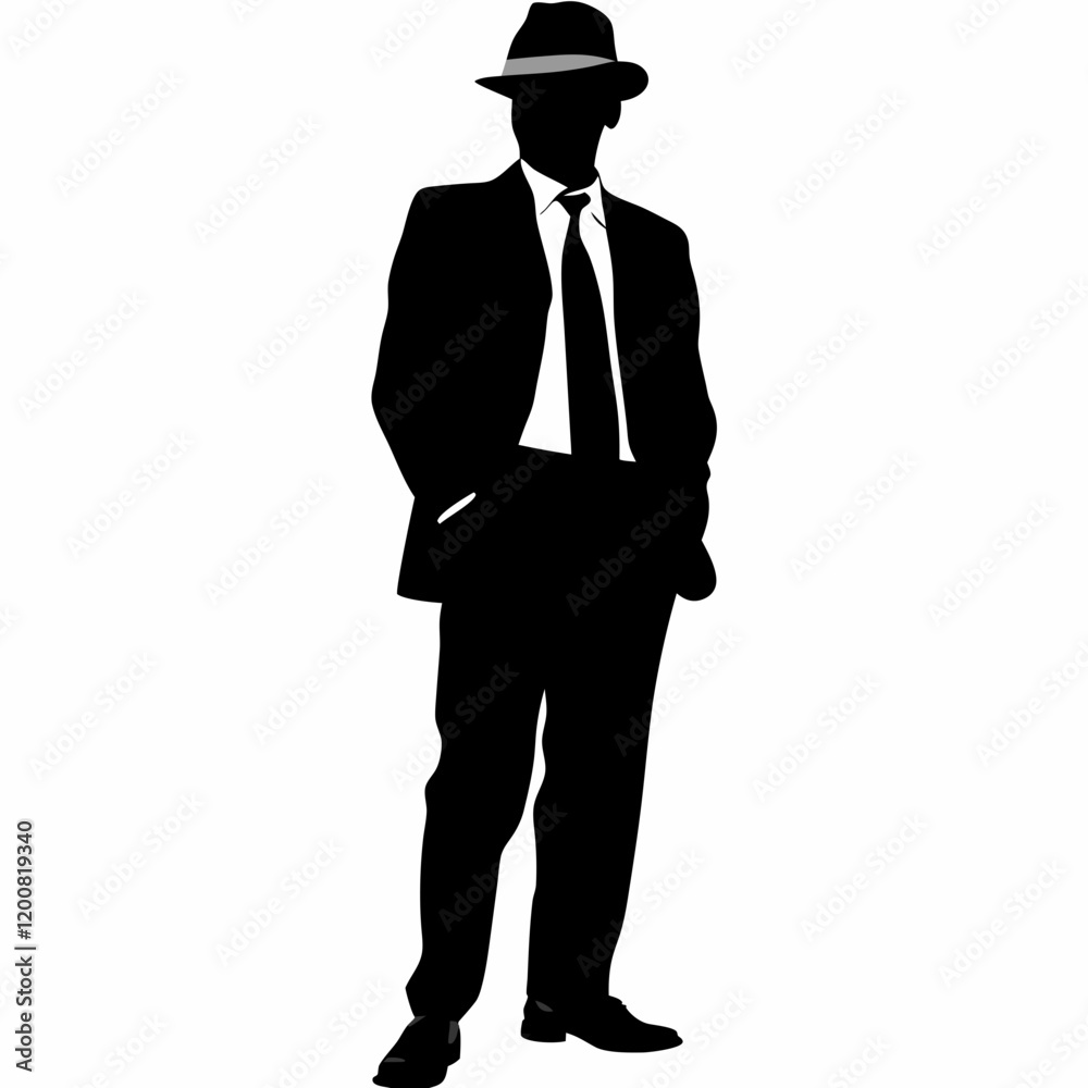 A man in a suit and hat. He is wearing a tie. He is standing in front of a white background A man in a suit and hat. He is wearing a tie. He is standing in front of a white background