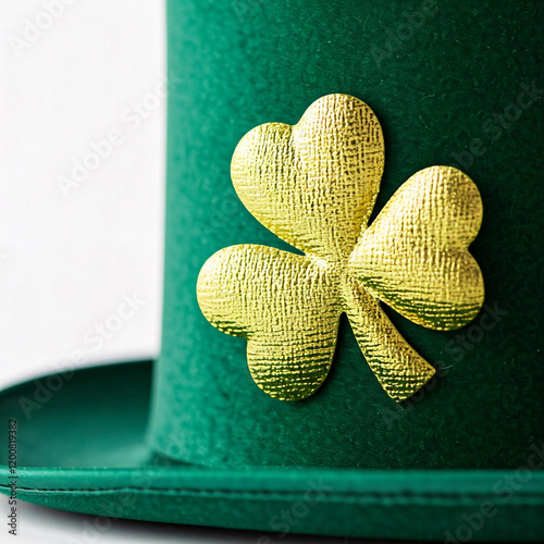 St. Patrick's Day hat with shamrock golden isolated on white background photo