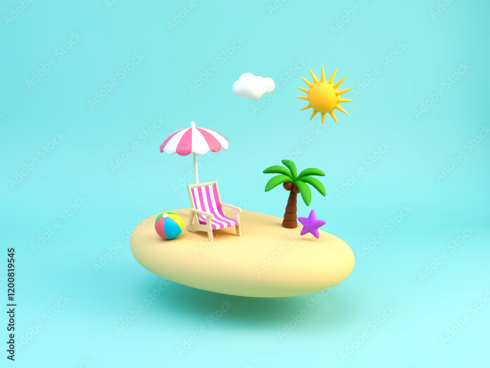 Obraz premium cheerful 3d rendering of a summer beach scene with a striped chair and umbrella on a small island