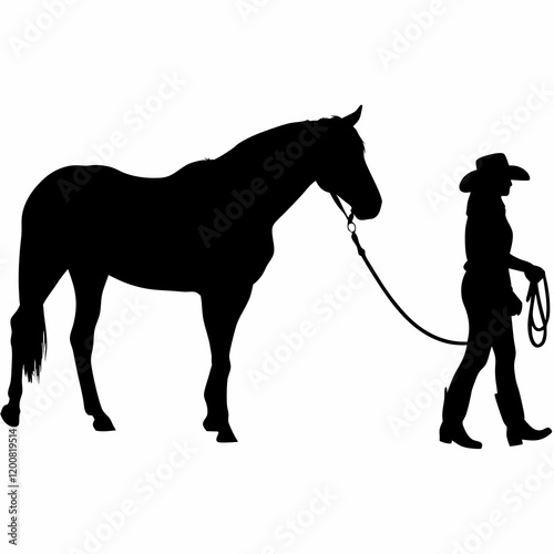 A horse is being led by a cowboy. The cowboy is wearing a hat and holding a rope