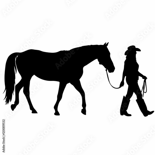 A horse is being led by a cowboy. The cowboy is wearing a hat and holding a rope