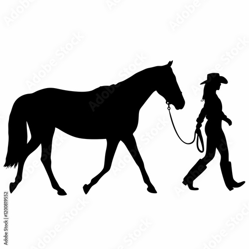 A horse is being led by a cowboy. The cowboy is wearing a hat and holding a rope