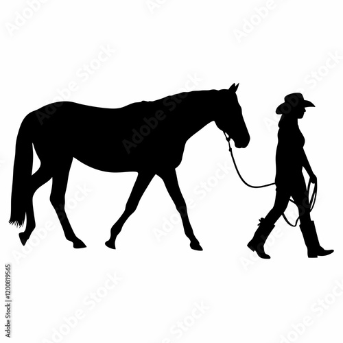A horse is being led by a cowboy. The cowboy is wearing a hat and holding a rope