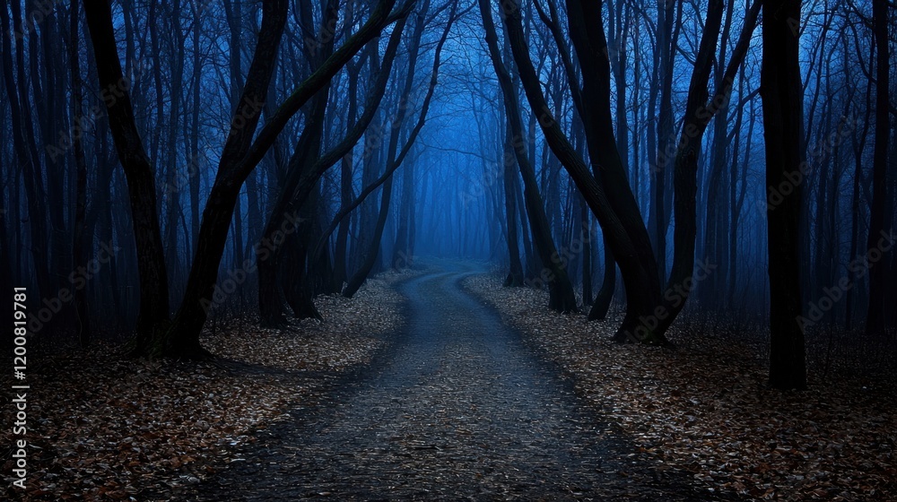 Fototapeta premium A dark forest with a road leading through it