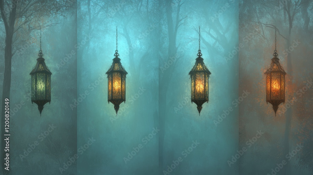Obraz premium Enchanting Lanterns Hanging in Misty Forest