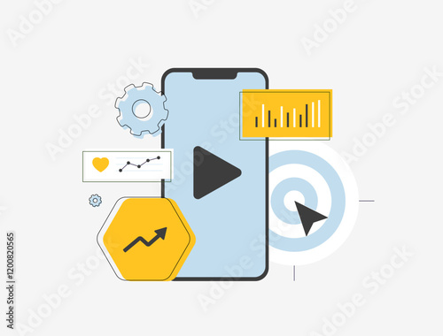 Mobile video analytics illustration with smartphone, play button, charts, growth arrow and target. Video performance, marketing insights, audience engagement and data tracking vector illustration