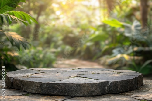 Stone platform, jungle backdrop, product display, sunlight photo