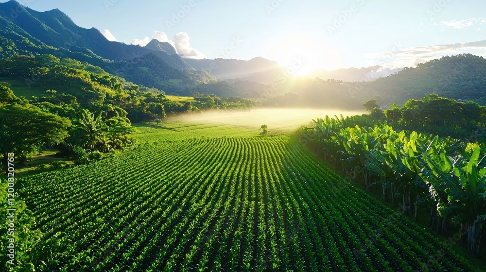 Fototapeta premium Lush Green Plantation Sunrise Tranquil Mountain Landscape Peaceful Agriculture Scene