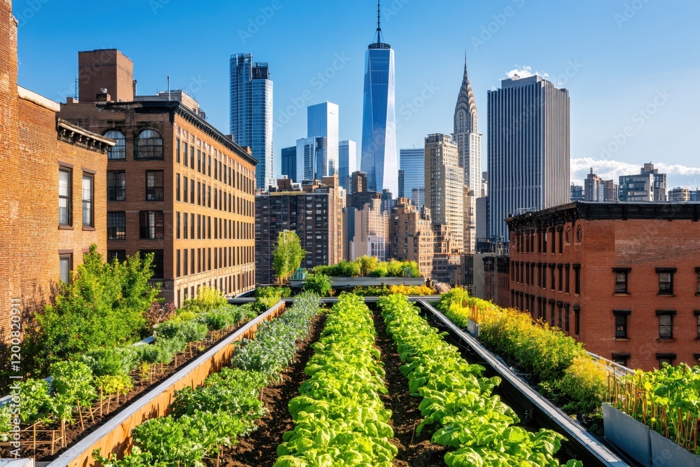 Fototapeta premium Rooftop Garden in Downtown Manhattan Cityscape View