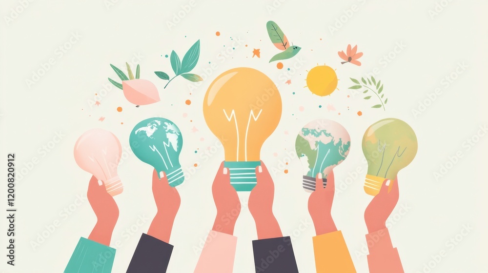 Diverse hands holding a sustainable energy light bulb on World Environment Day, symbolizing green energy initiatives for global change. Diverse hands holding a sustainable energy light bulb on World Environment Day, symbolizing green energy initiatives for global change.