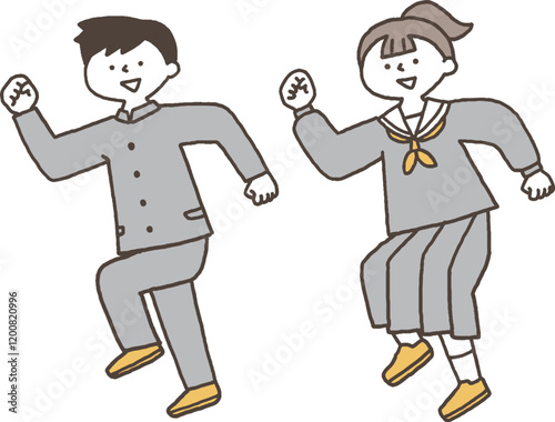 元気に走り出す中学生の男女単色