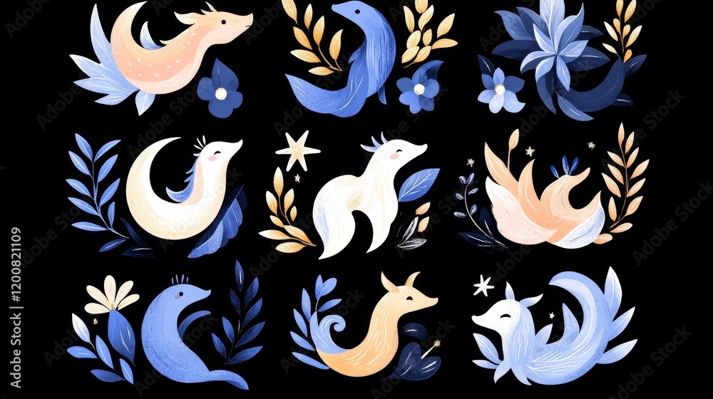 Fototapeta premium Enchanting Moonlit Creatures Floral Designs