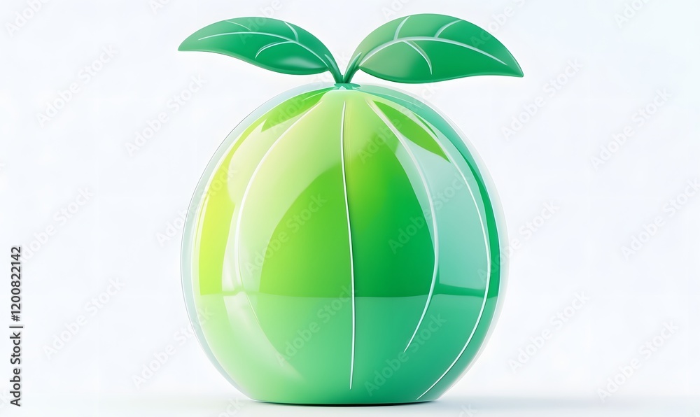 Green glossy sphere with two leaves sprouting on top.