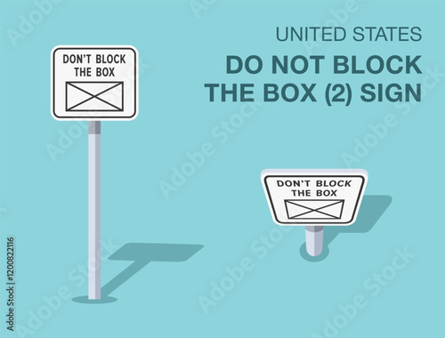 Traffic regulation rules. Isolated United States "don't block the box" (2) road sign. Front and top view. Flat vector illustration template.