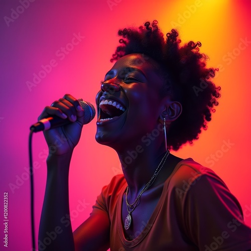 Young African-American musician singing on gradient orange-purple studio background in neon light, concept of music, hobby, festival, joyful party host