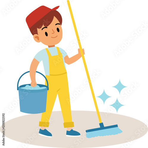 a flat vector a boy holding bucket filled