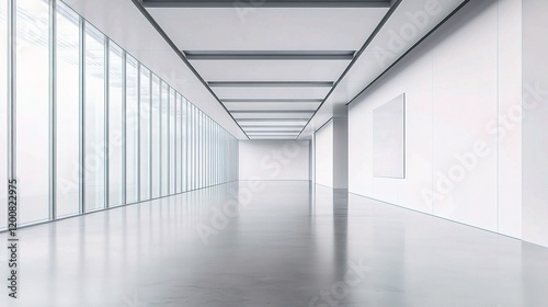 Architectural Elegance: A modern hallway showcases clean lines, expansive glass windows, and a polished floor, creating a sense of space and sophistication. The hallway, bathed in natural light.