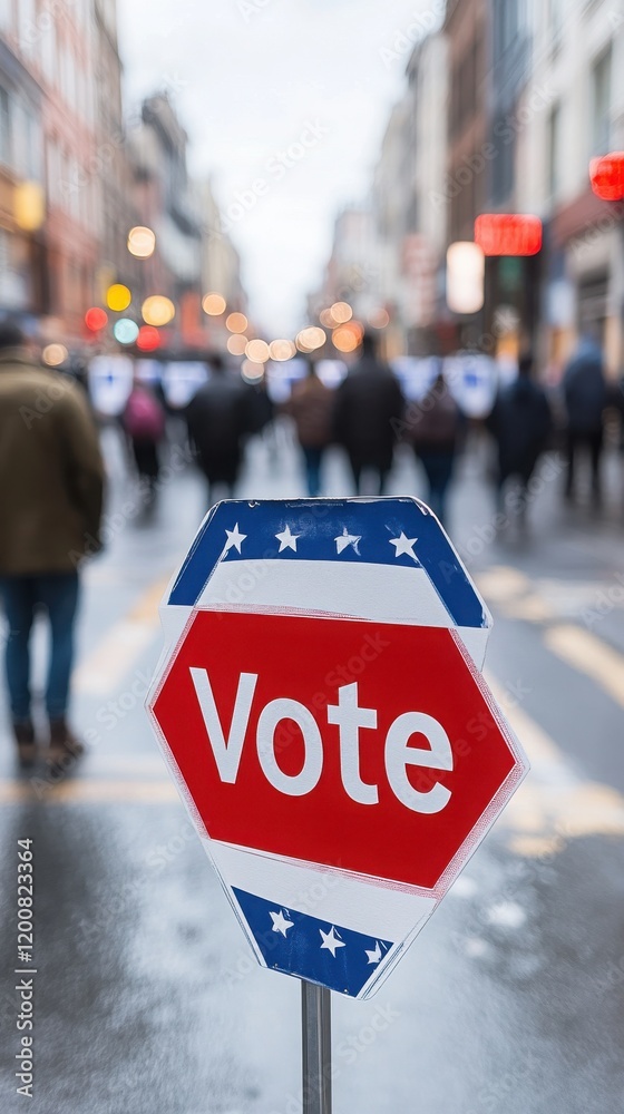 Fototapeta premium Vote Sign in Focus at Urban Street Rally with Blurred Background