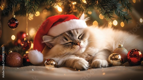 Cute Cat in Santa Hat Relaxing Under Christmas Tree Decorations