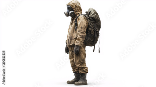 person in a protective suit and gas mask isolated on white background photo