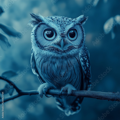 Cute Blue Owl on Tree Branch in Magical Night SkyCute Blue Owl on Tree Branch in Magical Night Sky