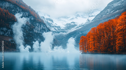 Alpine sanctuary with metallic trees overlooking crystal-clear lakes, framed by sharp snow-capped peaks 