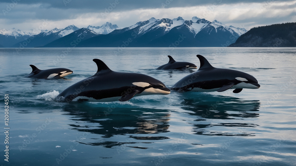 Fototapeta premium Orcas Swimming in the Ocean