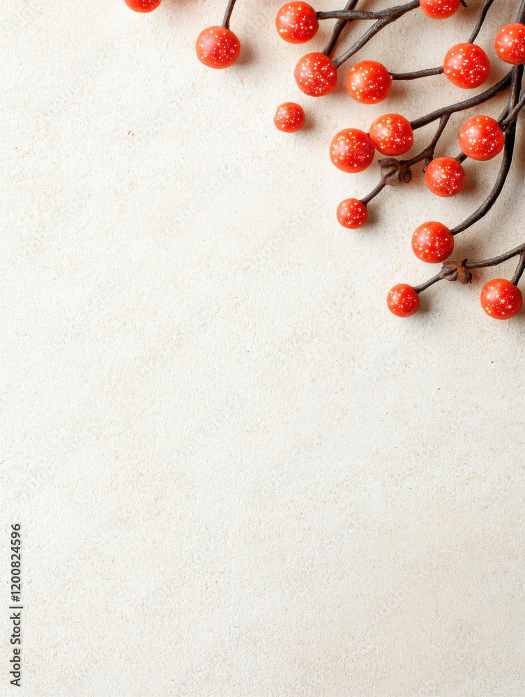 Bright red berries on thin branches arranged on light beige background, creating minimal and festive composition