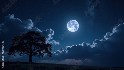 A majestic tree silhouettes against a starlit night on a verdant hill, its branches reaching into a deep-blue sky with the moon illuminating the scene.   photo