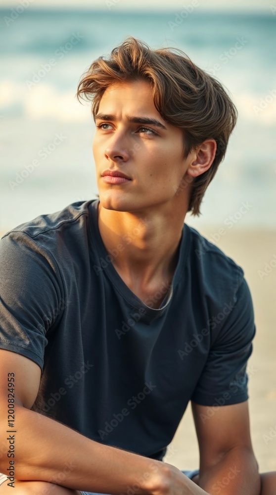 Young Man with Brown Hair Sitting on the Beach at Sunset. Generative AI Young Man with Brown Hair Sitting on the Beach at Sunset. Generative AI