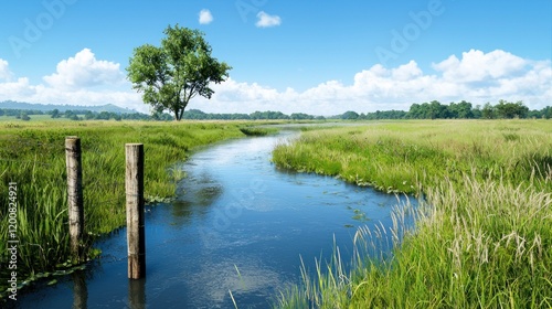 Serene landscape with a winding river and lush greenery.