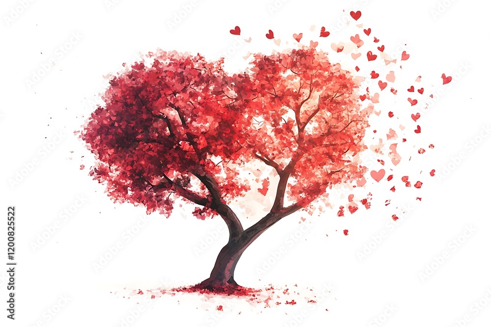 Fototapeta premium Romantic Red Tree with Falling Hearts