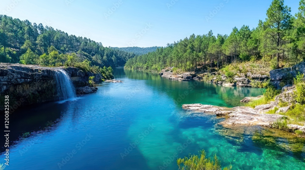 Fototapeta premium Serene River and Waterfall in Lush Forest