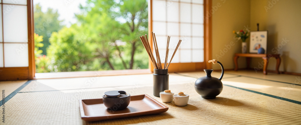 Japanese tea ceremony setup in serene tatami room, ritual reflection Japanese tea ceremony setup in serene tatami room, ritual reflection